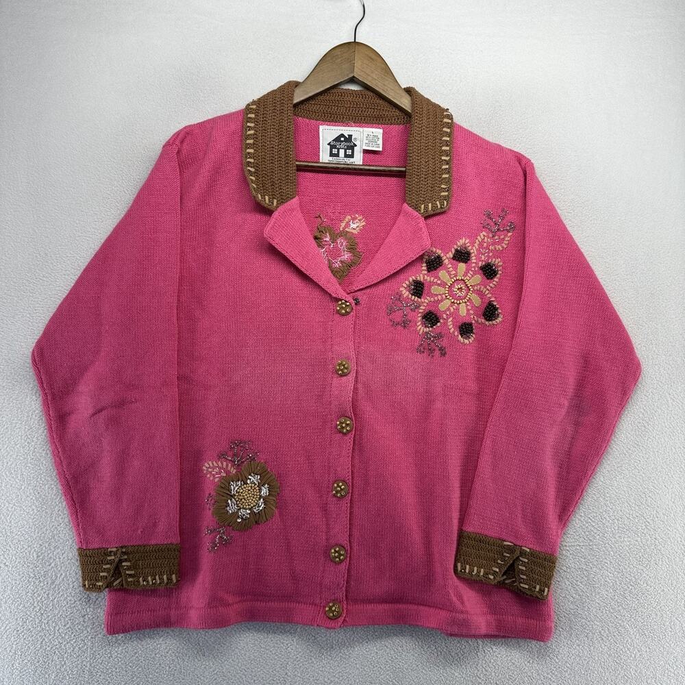 Vintage Storybook Knits Cardigan Womens Large Pink Embellished Floral Grandma